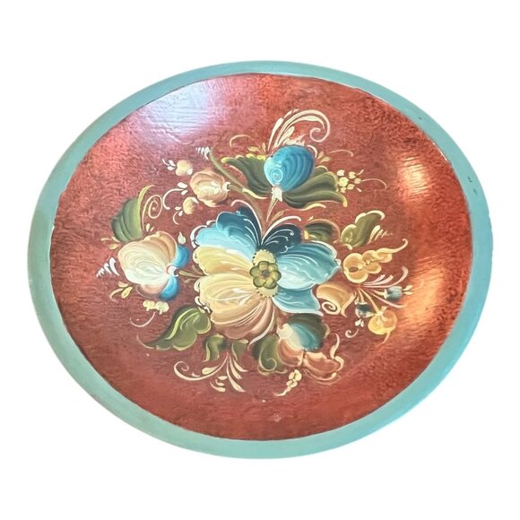 Vtg Rosemaling Hand Painted Wooden Decorative Bowl 9" Folk Art Made Weston VT US - Picture 3 of 7